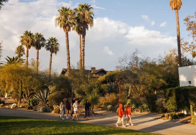 several students walk down the pathway in front of an old craftsman house surrounded by Palm trees and california native landscaping