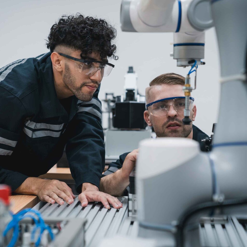 two male students work with a a large machine