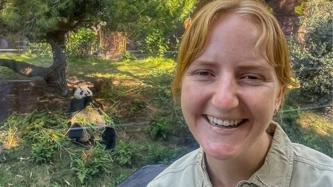 Jana Biedenweg stands in a panda enclosure while a panda behind her eats bamboo