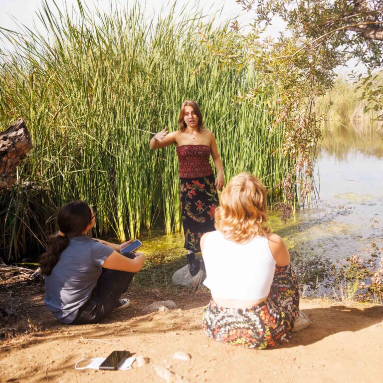 two students sit on the shore of a pond while listening to another student in front of the pond