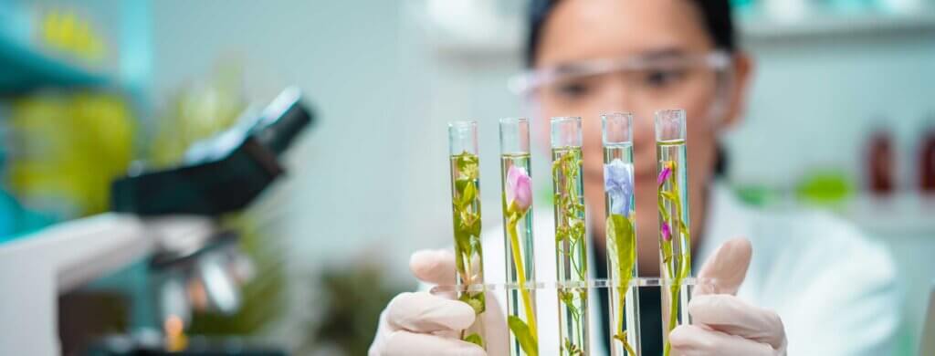 a female science student holds up five glass vials filled with plant specimens in liquid