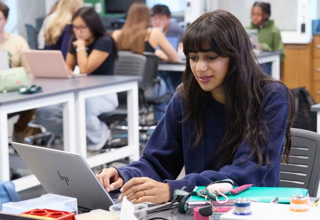 a young woman with long brown hair, sits at a desk in a classroom and works at a laptop computer.