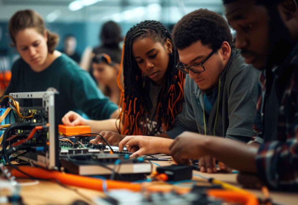 four students work on engineering eqiupment at a long desk.