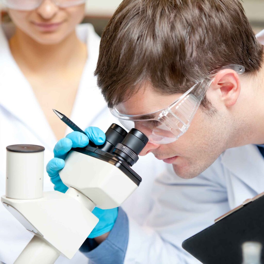 a student wearing goggles and gloves peers into a microscope eye piece.