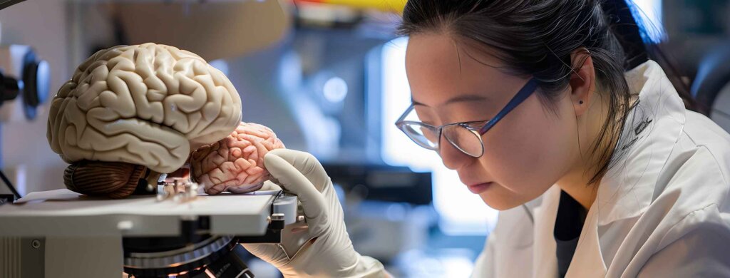 a student with brown hair and glasses works with models of the human brain