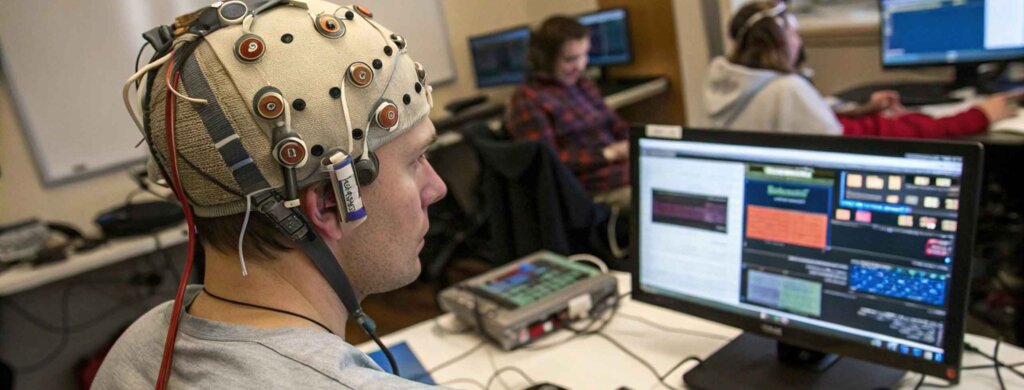 a student sits a a computer while wearing a brainwave detector device on his head.