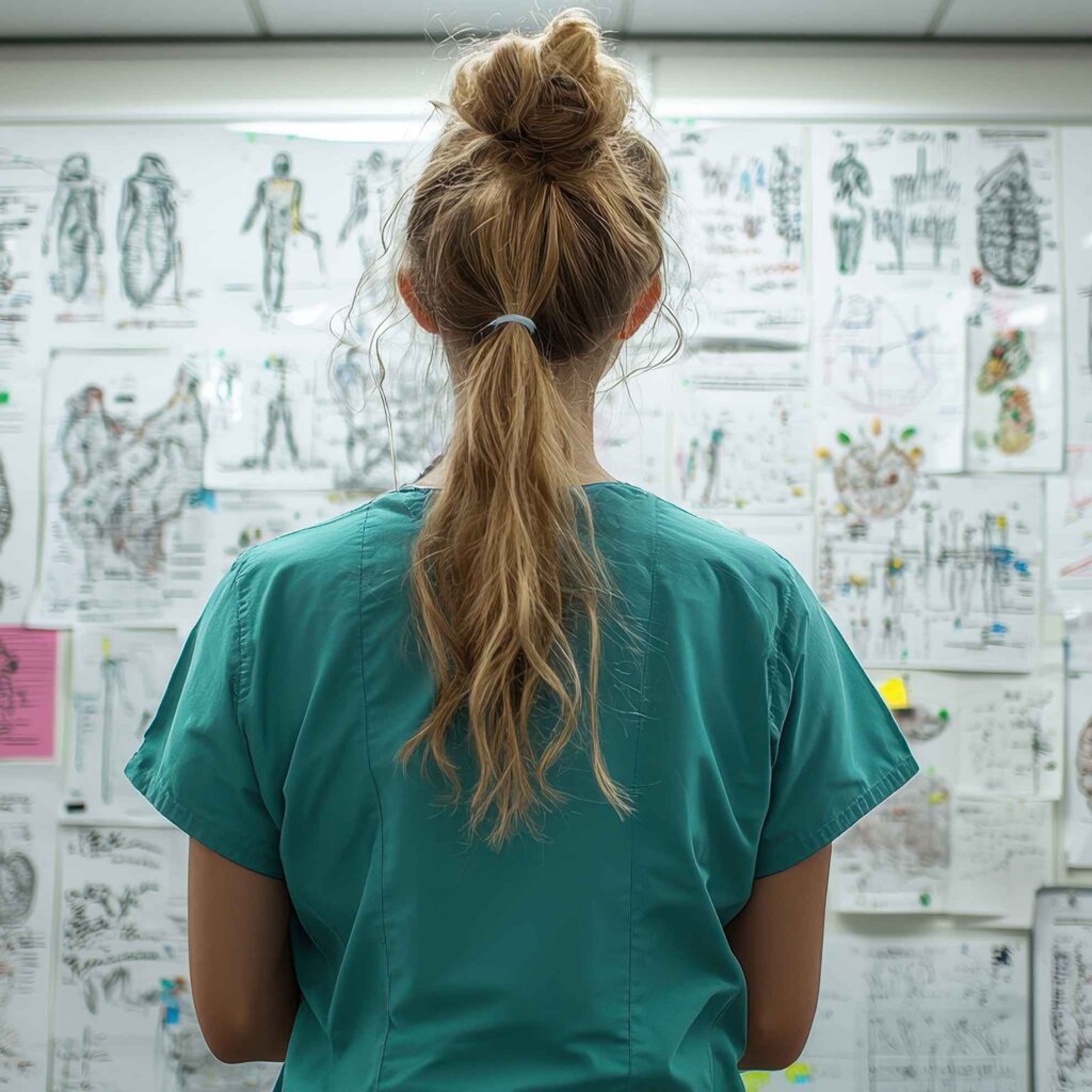 A student with long blonde hair looks at a wall covered with diagrams of the brain