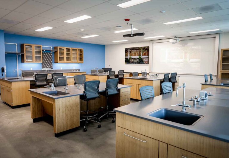 a large room filled with rolling chairs, sink stations, and cabinets.