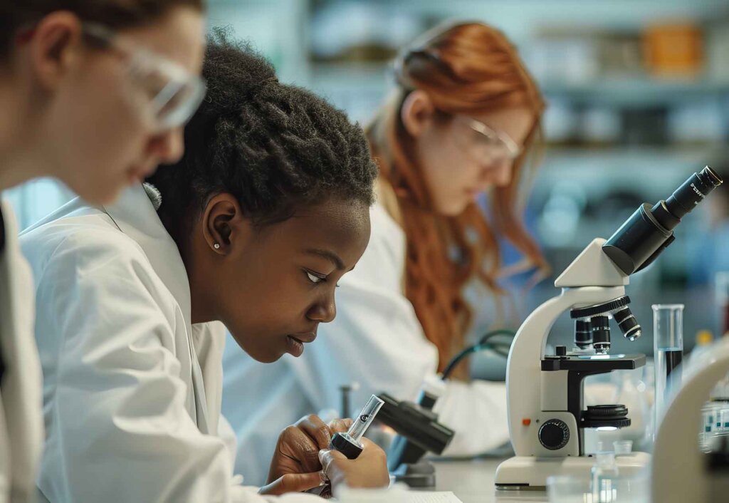 three students work at a desk with microscopes on top of it.