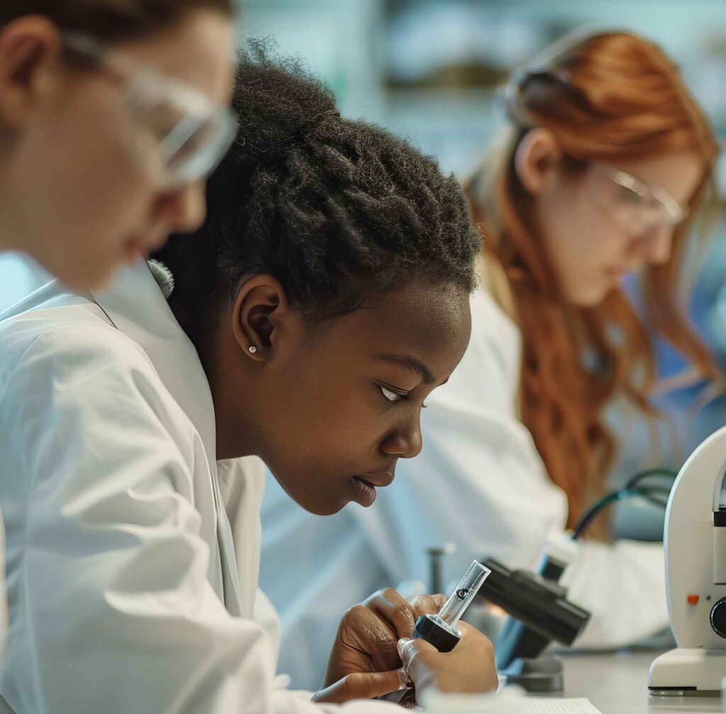 three students work at a desk with microscopes on top of it.