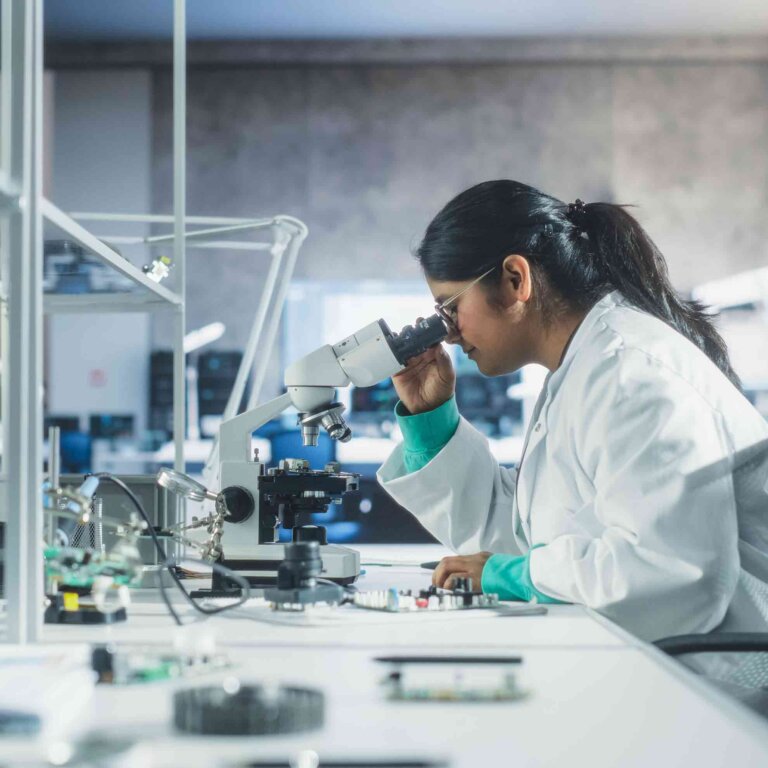 a woman with long brown hair in a ponytial and wearing a lab coat peers into a microscope in a lab.
