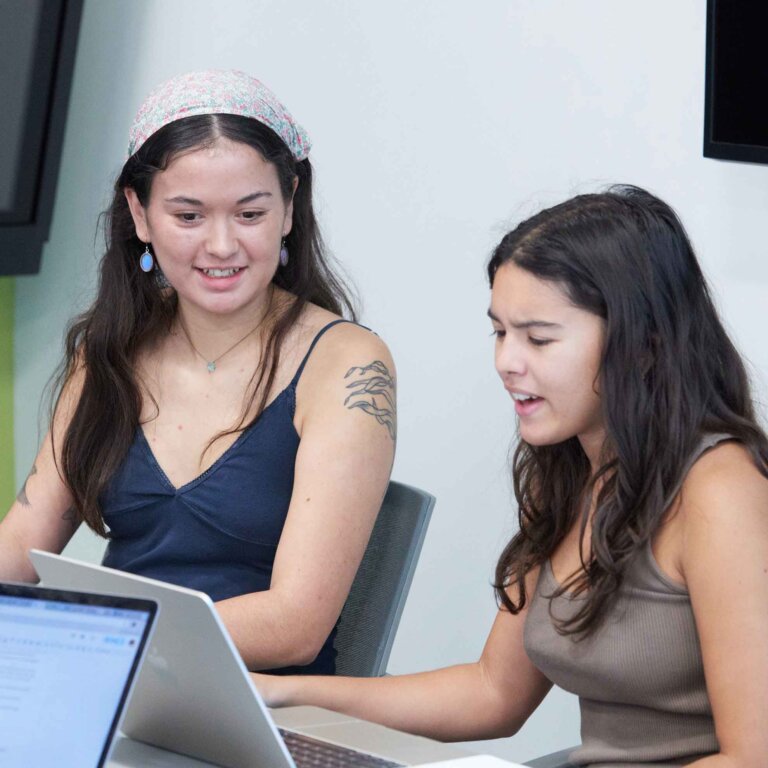 two students work at a laptop comuter in a classroom