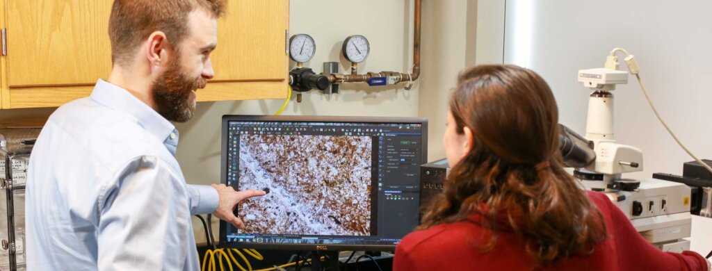 a professor points out data on a computer screen to a student