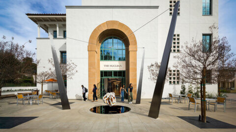 a view of the front entrance of the nucleus west building