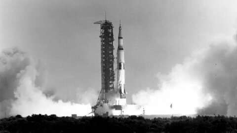 black and white archival image of a shuttle launch